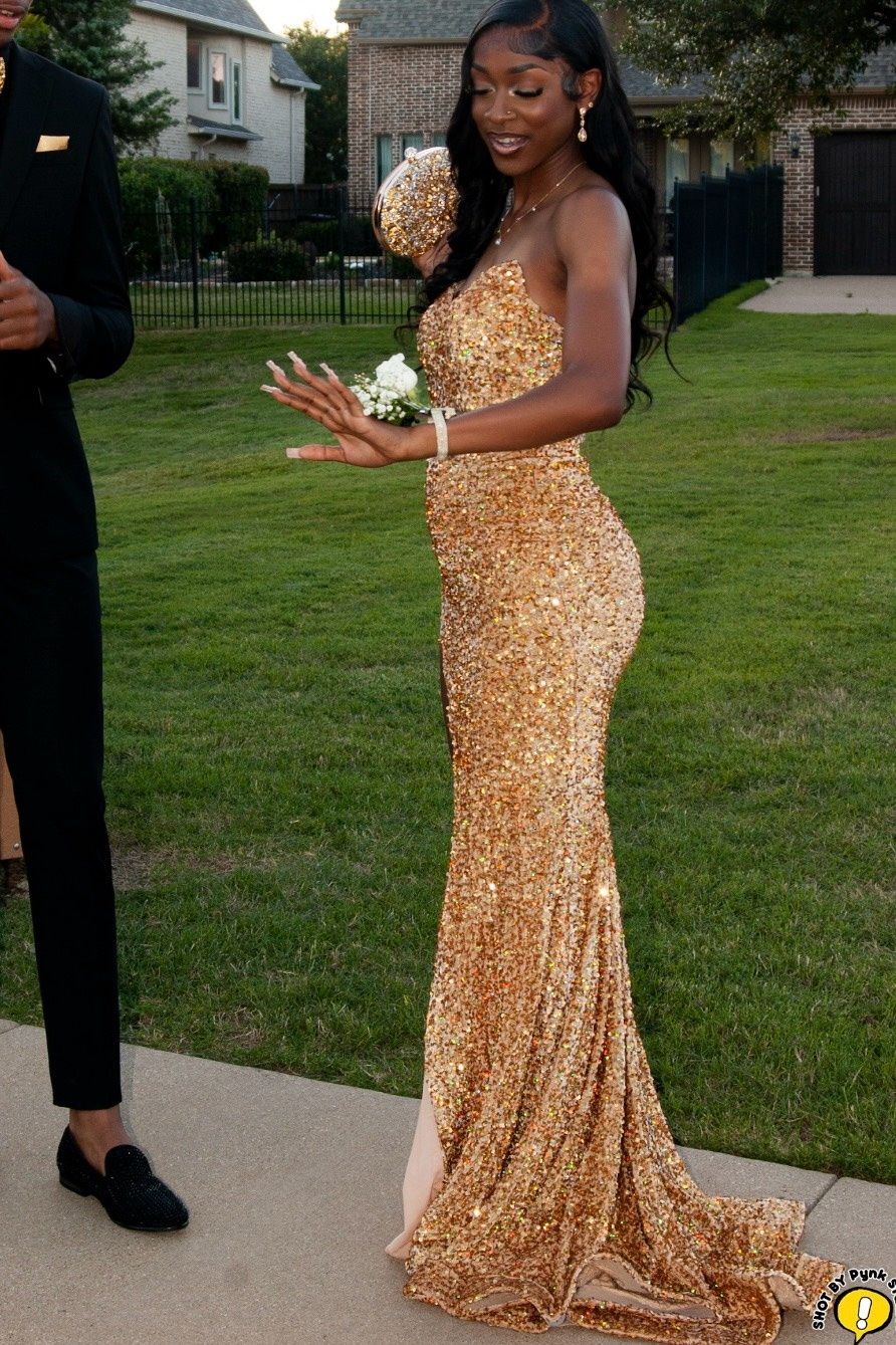 Style Ps23521 Portia and Scarlett Size 2 Prom Strapless Gold Side Slit Dress on Queenly