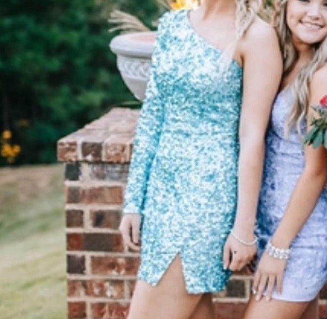 Style 54469 Sherri Hill Size 4 Prom One Shoulder Turquoise Blue Cocktail Dress on Queenly