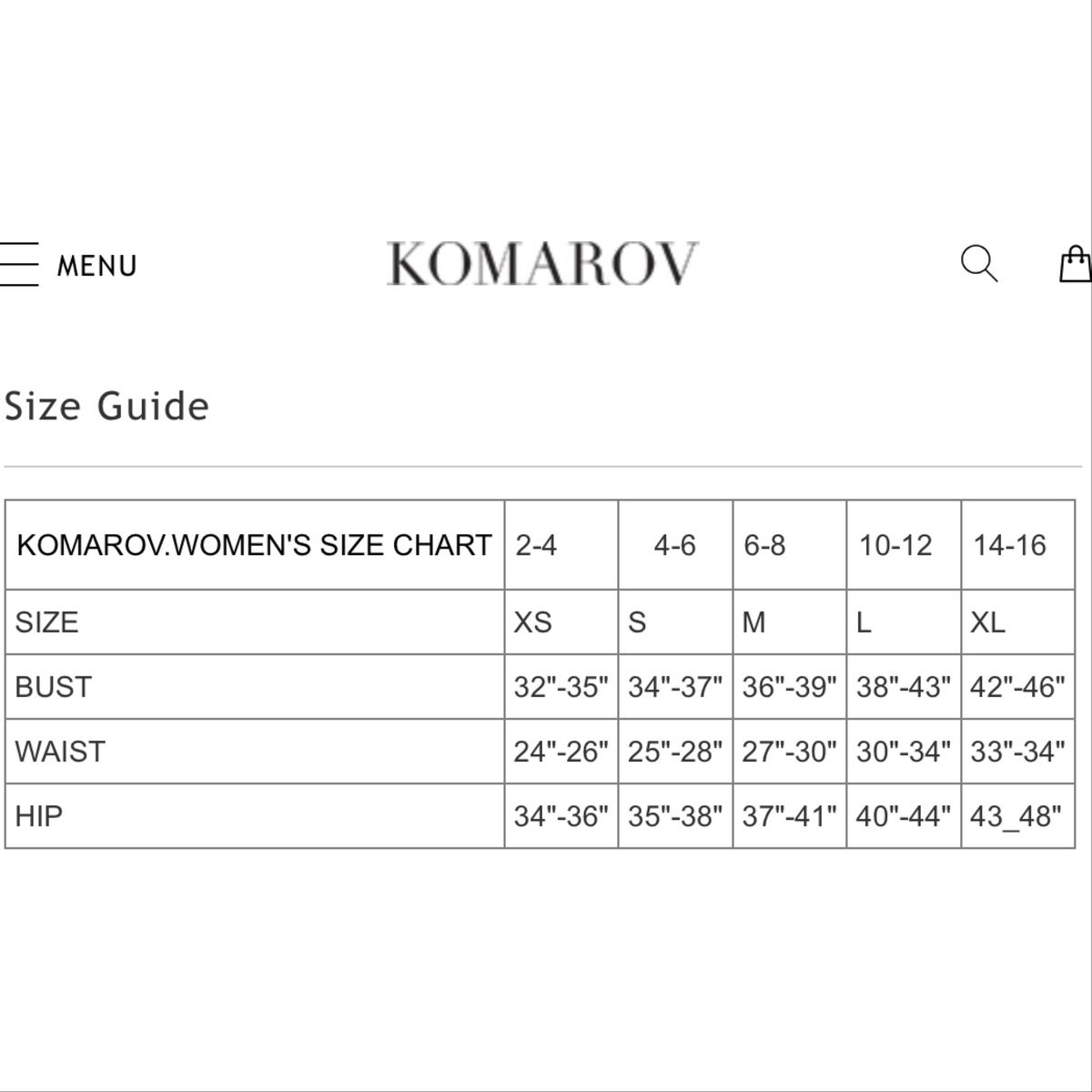 Komarov on sale size chart