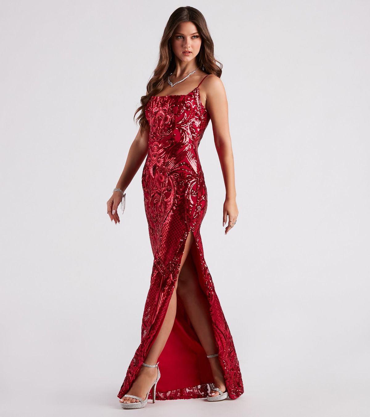 Style 05002-7166 Windsor Size XS Bridesmaid Sheer Red Side Slit Dress on Queenly