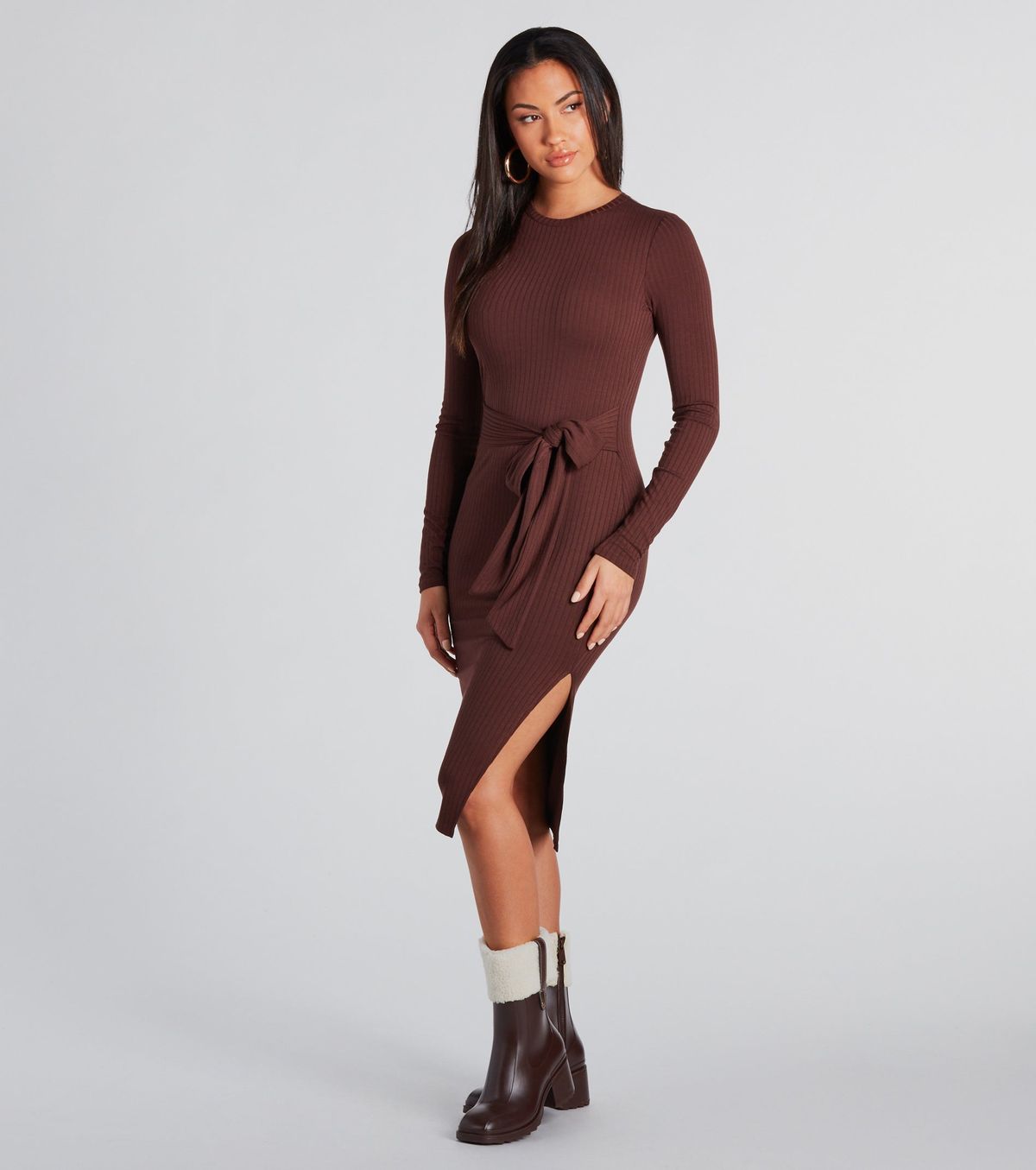 Style 05102-5248 Windsor Size XS Long Sleeve Brown Side Slit Dress on Queenly