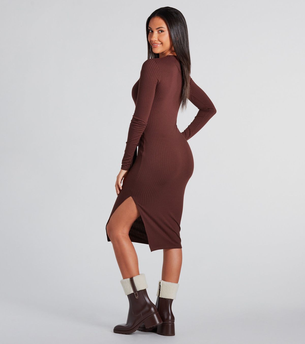 Style 05102-5248 Windsor Size L Long Sleeve Brown Side Slit Dress on Queenly