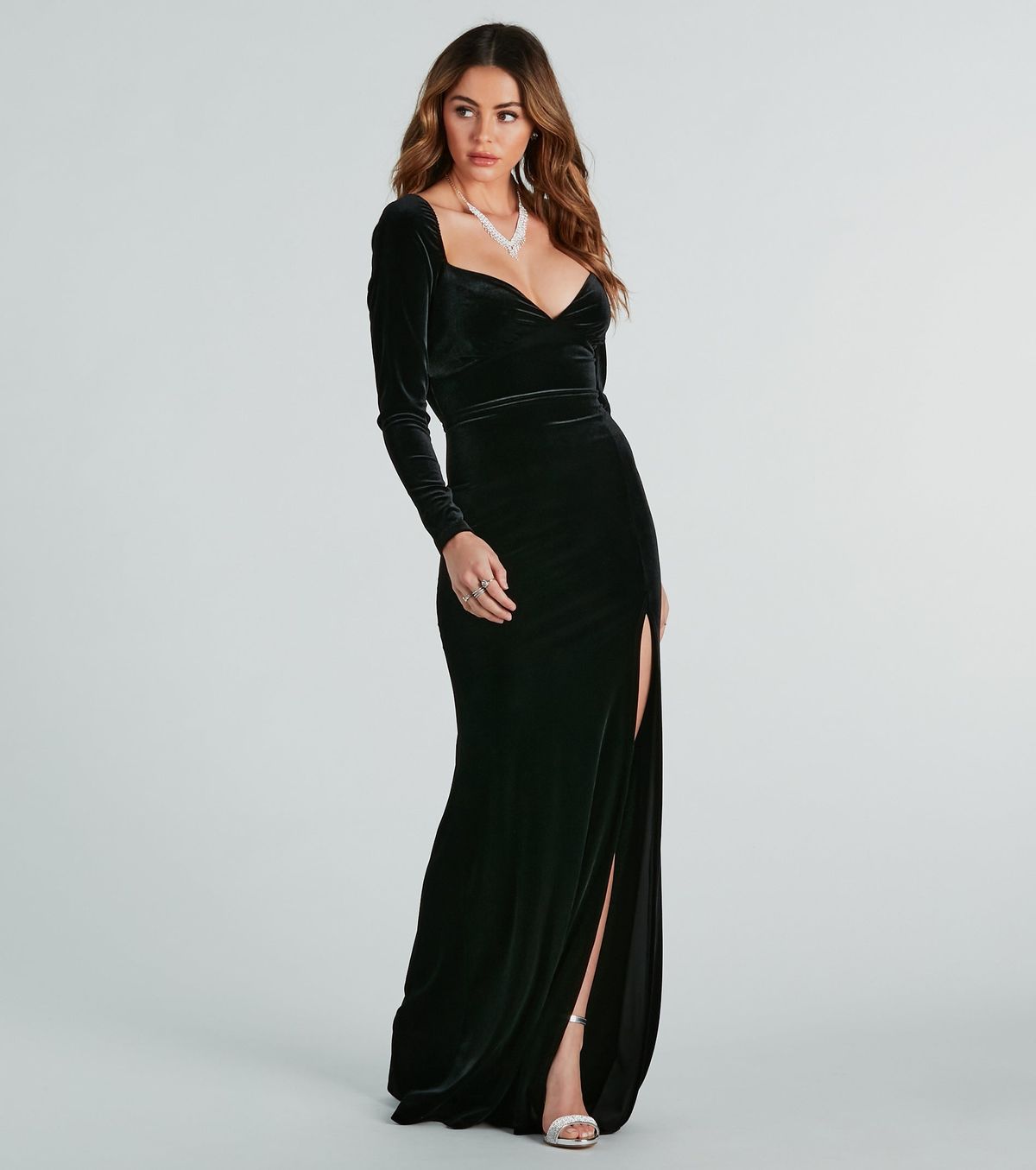 Style 05002-7692 Windsor Size S Bridesmaid Long Sleeve Velvet Black Side Slit Dress on Queenly