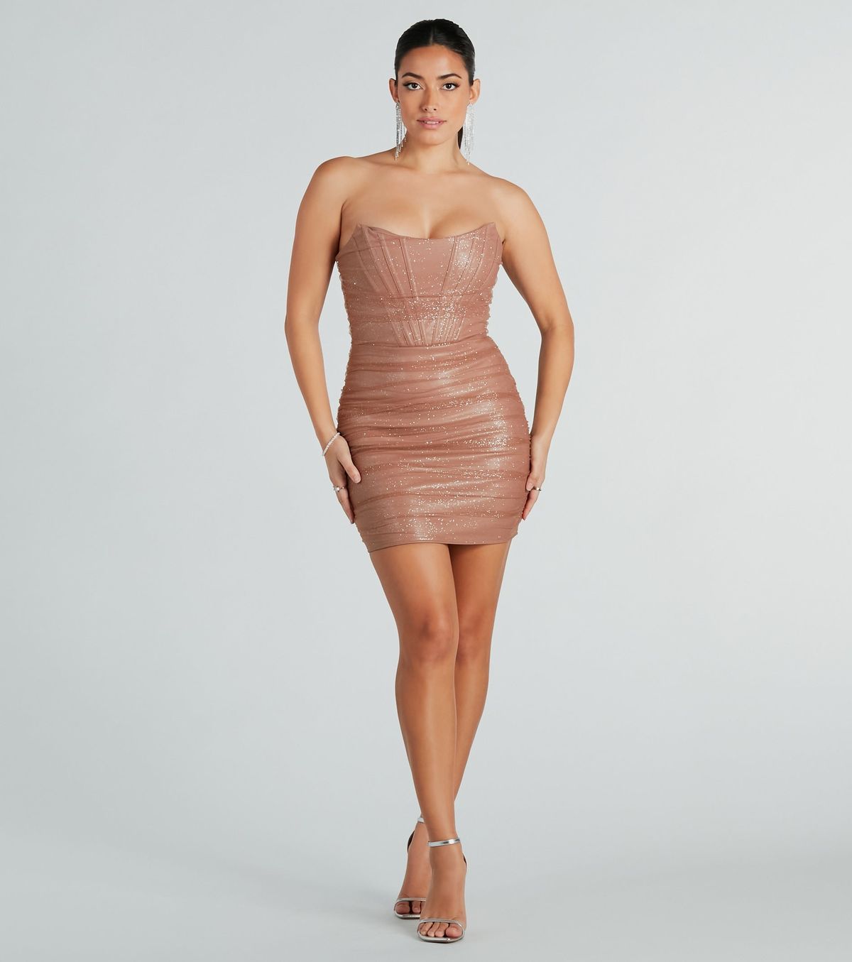 Style 05103-5360 Windsor Size S Nightclub Strapless Sheer Nude Cocktail Dress on Queenly
