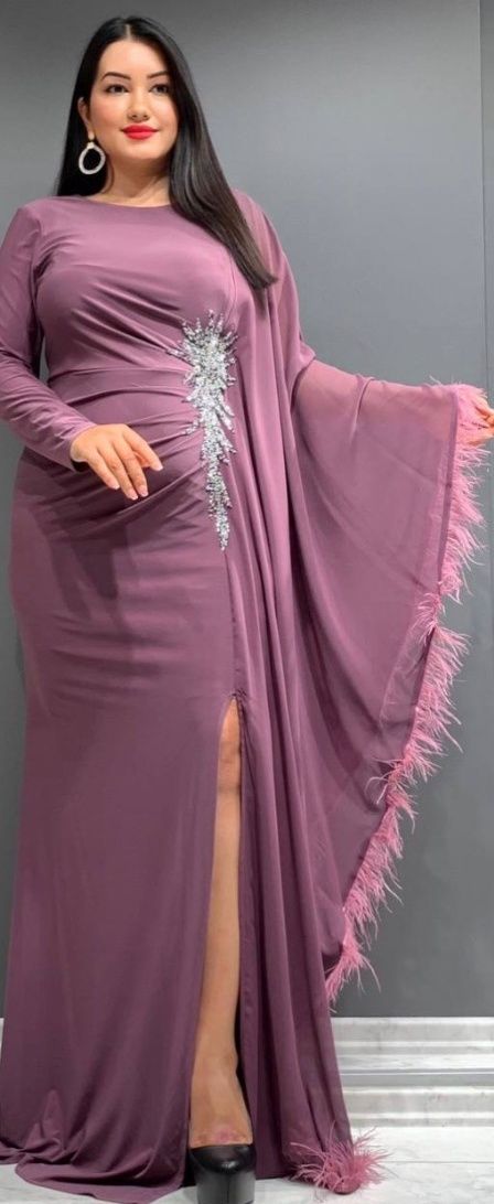 Prive Plus Size 16 Prom Long Sleeve Purple Side Slit Dress on Queenly