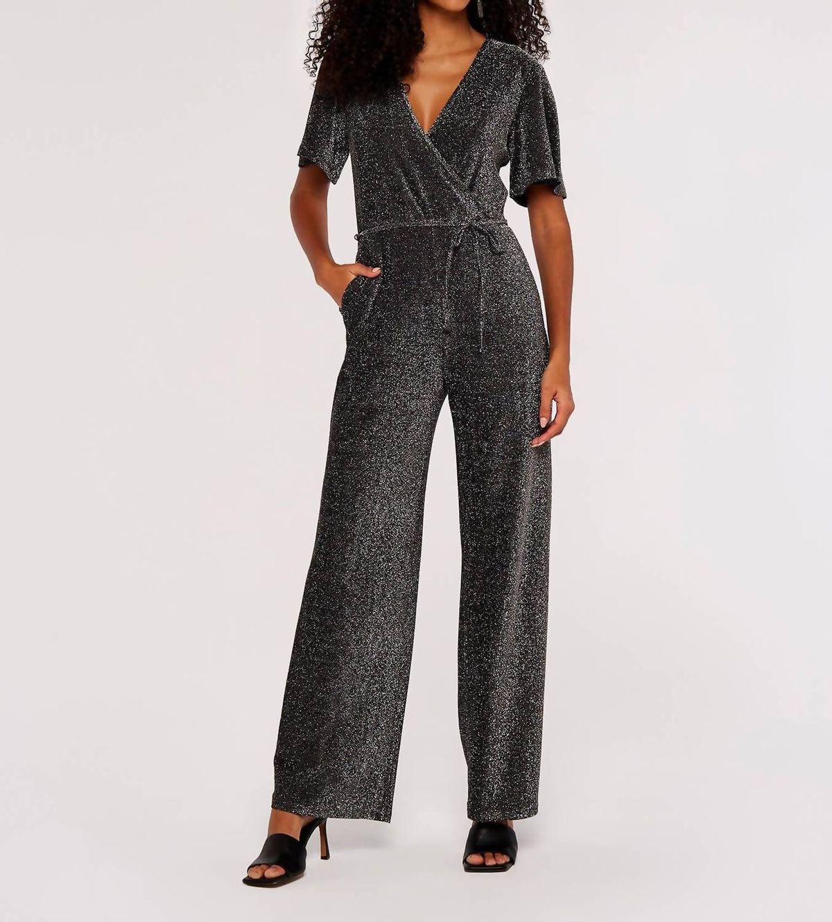 Style 1-1963081982-3236 APRICOT Size S Sequined Silver Formal Jumpsuit on Queenly