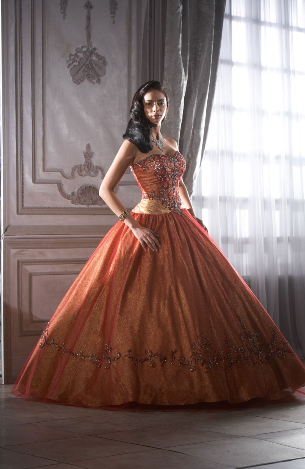 Style 266463126 Quinceanera Collection Size 6 Prom Strapless Orange Dress With Train on Queenly