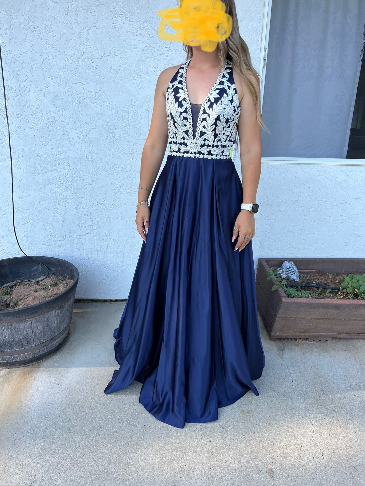 Size 6 Pageant Halter Floral Navy Blue Ball Gown on Queenly