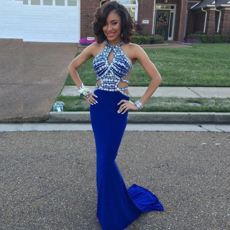 Size S Prom Halter Sequined Blue Mermaid Dress on Queenly