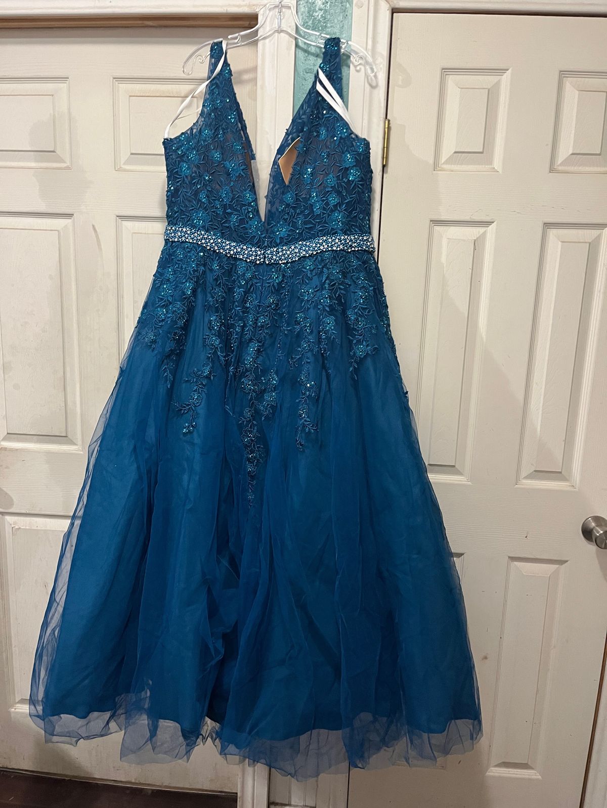 Style JVN00925 Jovani Plus Size 22 Prom Plunge Blue Ball Gown on Queenly