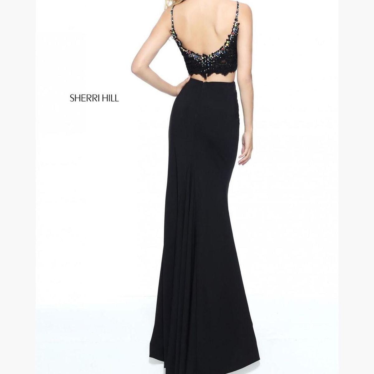 Style 51191 Sherri Hill Size 2 Prom Plunge Lace Black Side Slit Dress on Queenly