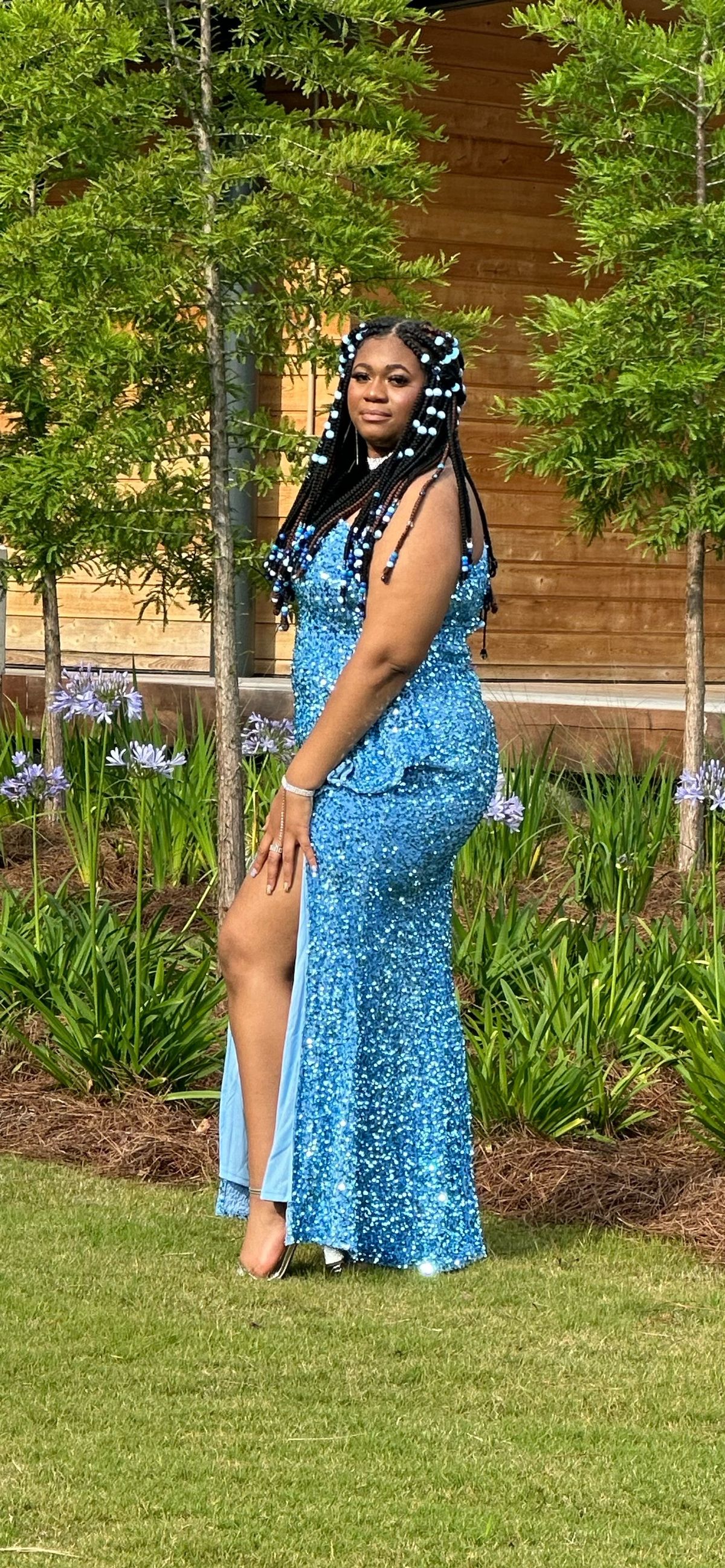 Size 2X Prom Long Sleeve Blue Side Slit Dress on Queenly