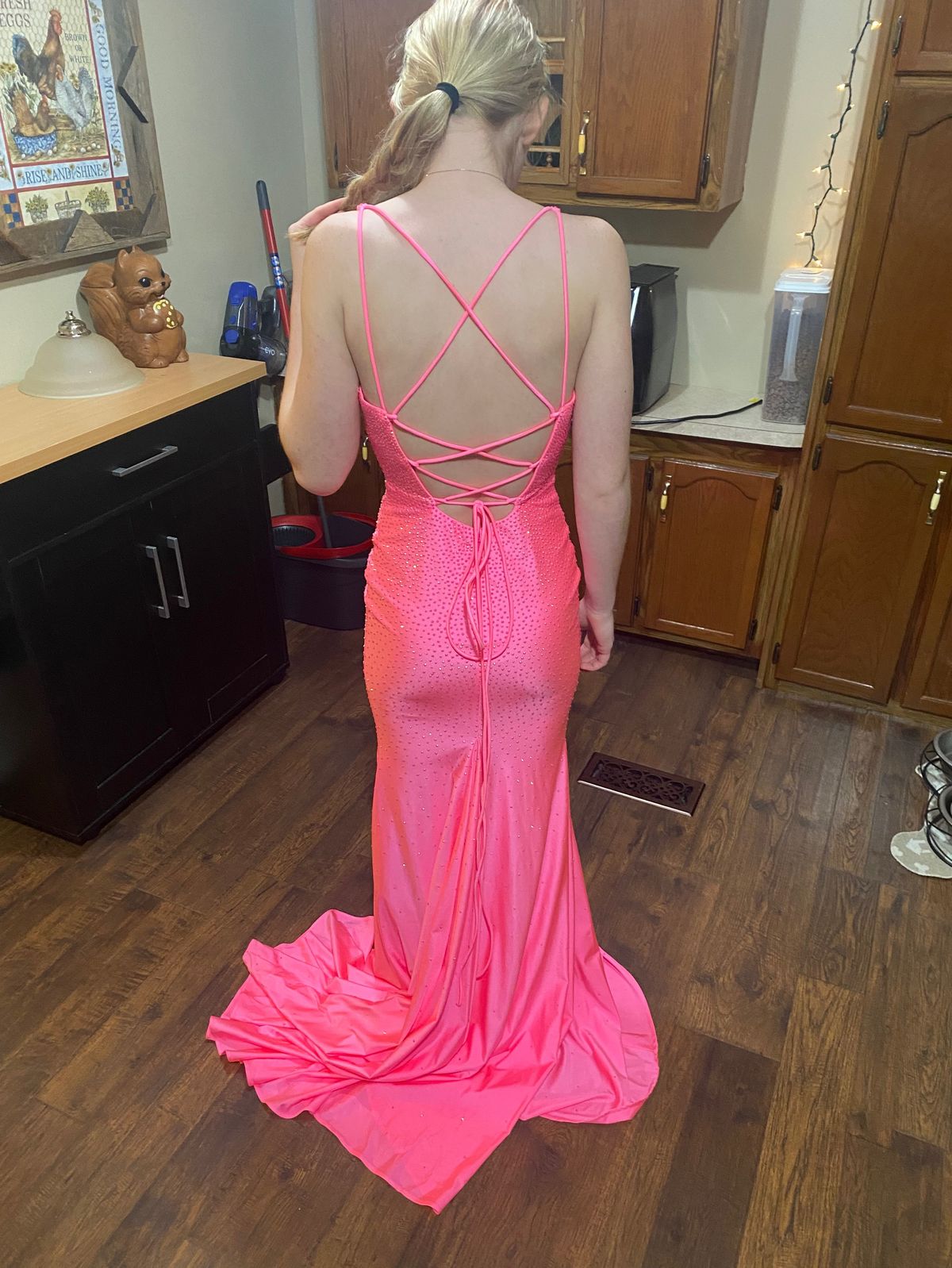 Size 00 Prom Plunge Sequined Hot Pink Mermaid Dress on Queenly