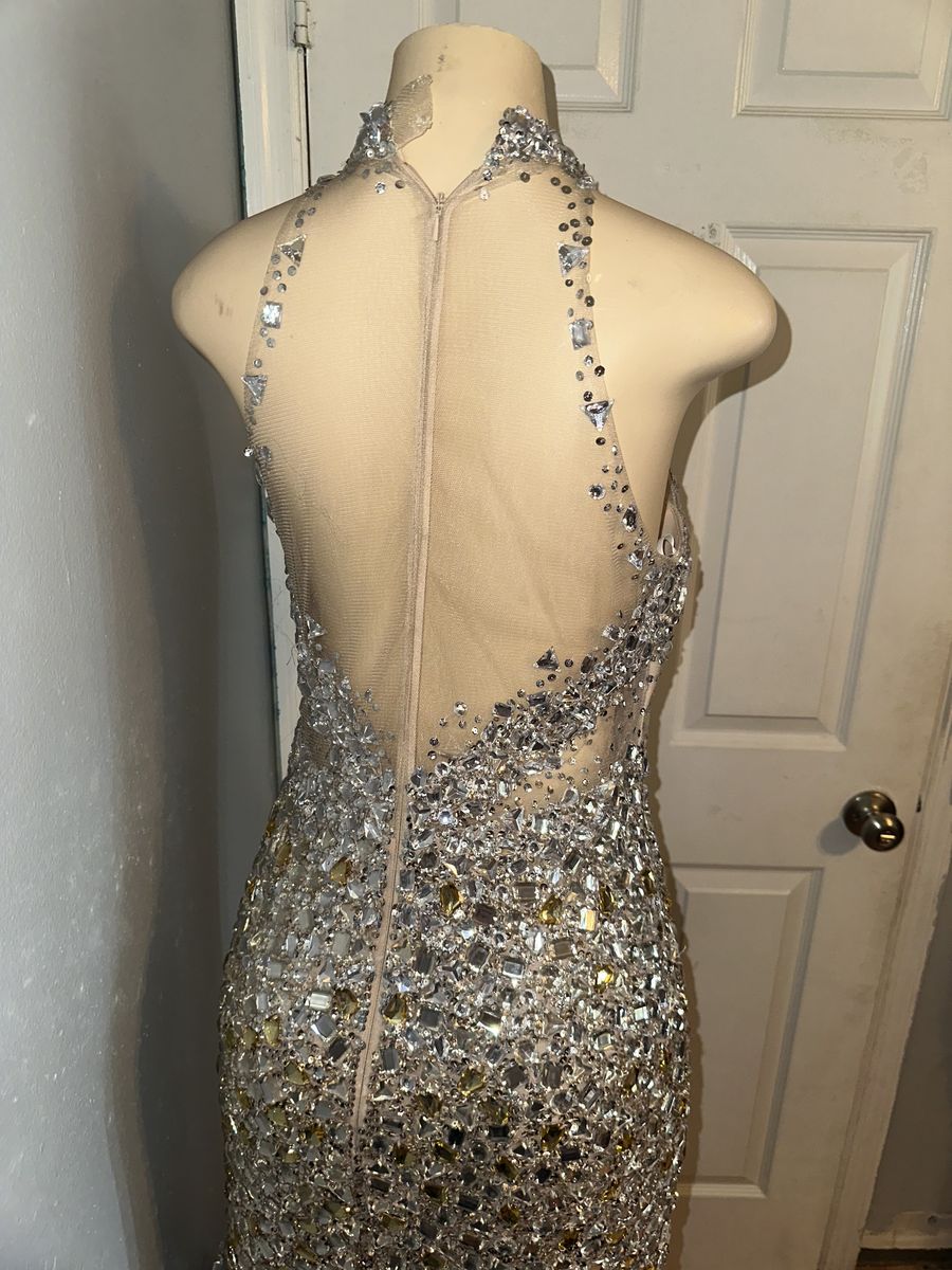 Camille La Vie Size 12 Prom High Neck Sequined Nude Mermaid Dress on Queenly