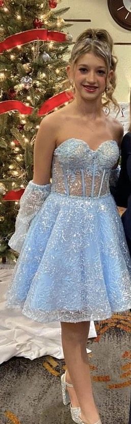 Sherri Hill Size 00 Homecoming Strapless Lace Blue Cocktail Dress on Queenly