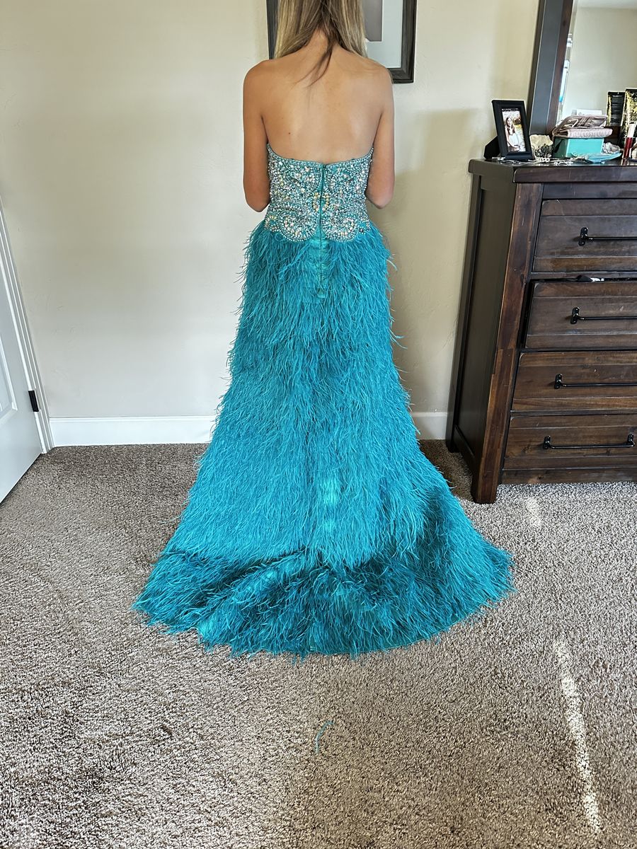 Size 0 Prom Strapless Sequined Blue Dress With Train on Queenly