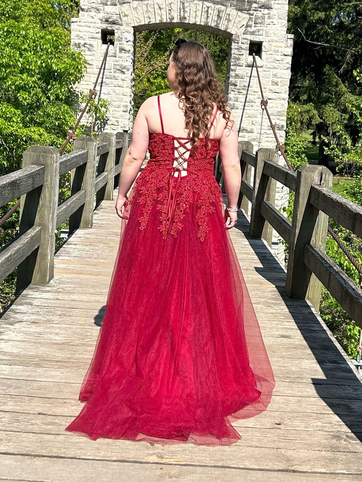 Plus Size 16 Prom Plunge Lace Burgundy Red Dress With Train on Queenly