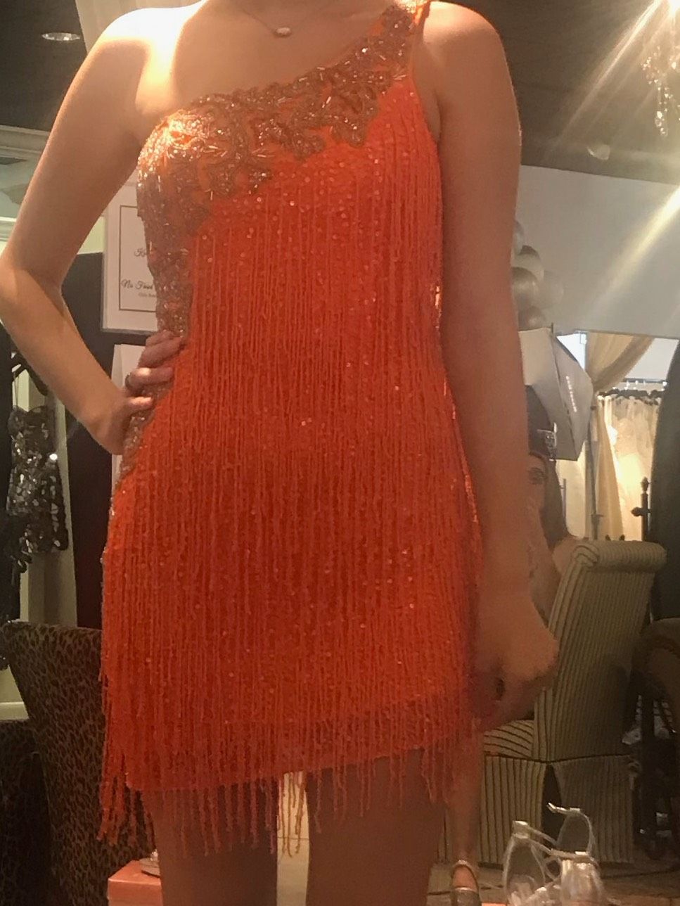Primavera Size 2 Homecoming One Shoulder Sequined Orange Cocktail Dress on Queenly