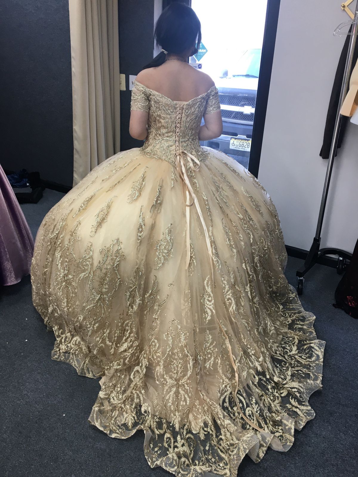 Size 6 Off The Shoulder Gold Ball Gown on Queenly