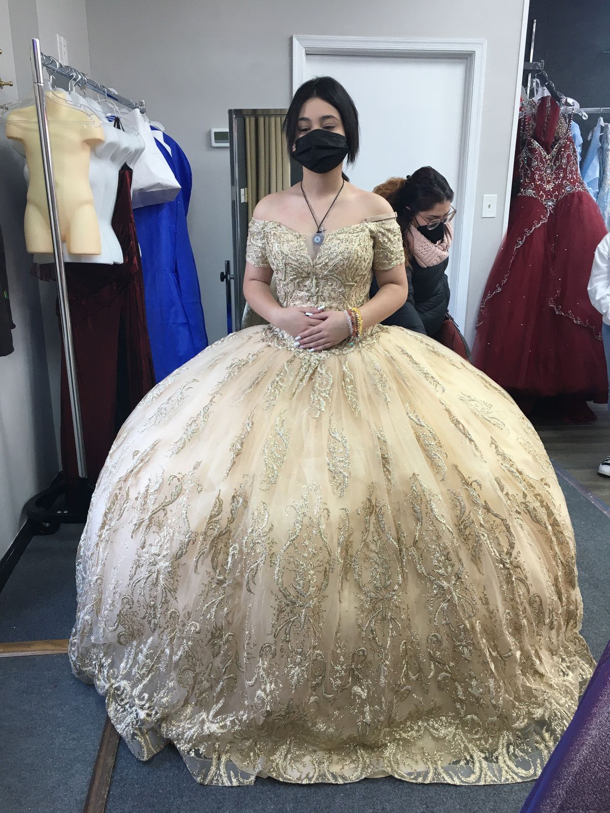 Size 6 Off The Shoulder Gold Ball Gown on Queenly