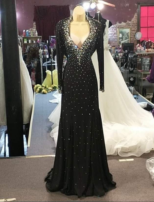 Style 576 Johnathan Kayne Size 8 Pageant Plunge Black A-line Dress on Queenly