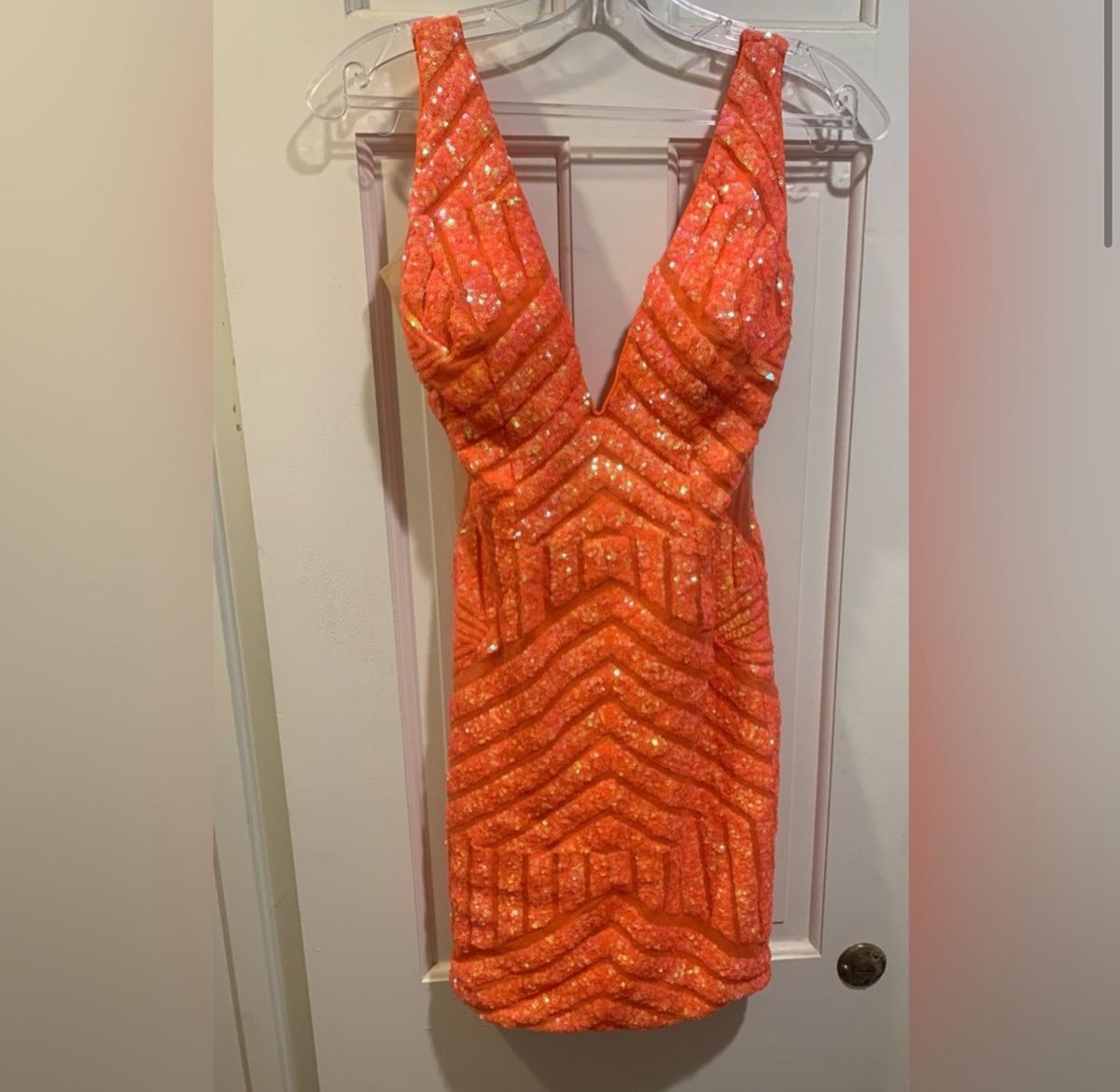 Style 63899 Jovani Size 6 Prom Plunge Orange Cocktail Dress on Queenly