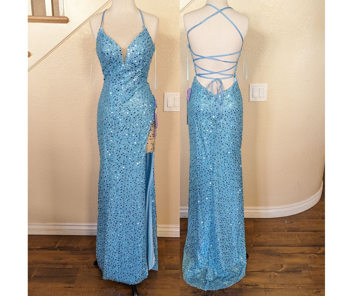 Style Turquoise Blue Sweetheart Neckline Sequined Glitter Formal Mermaid Dress Size 4 Prom Plunge Sheer Blue Side Slit Dress on Queenly