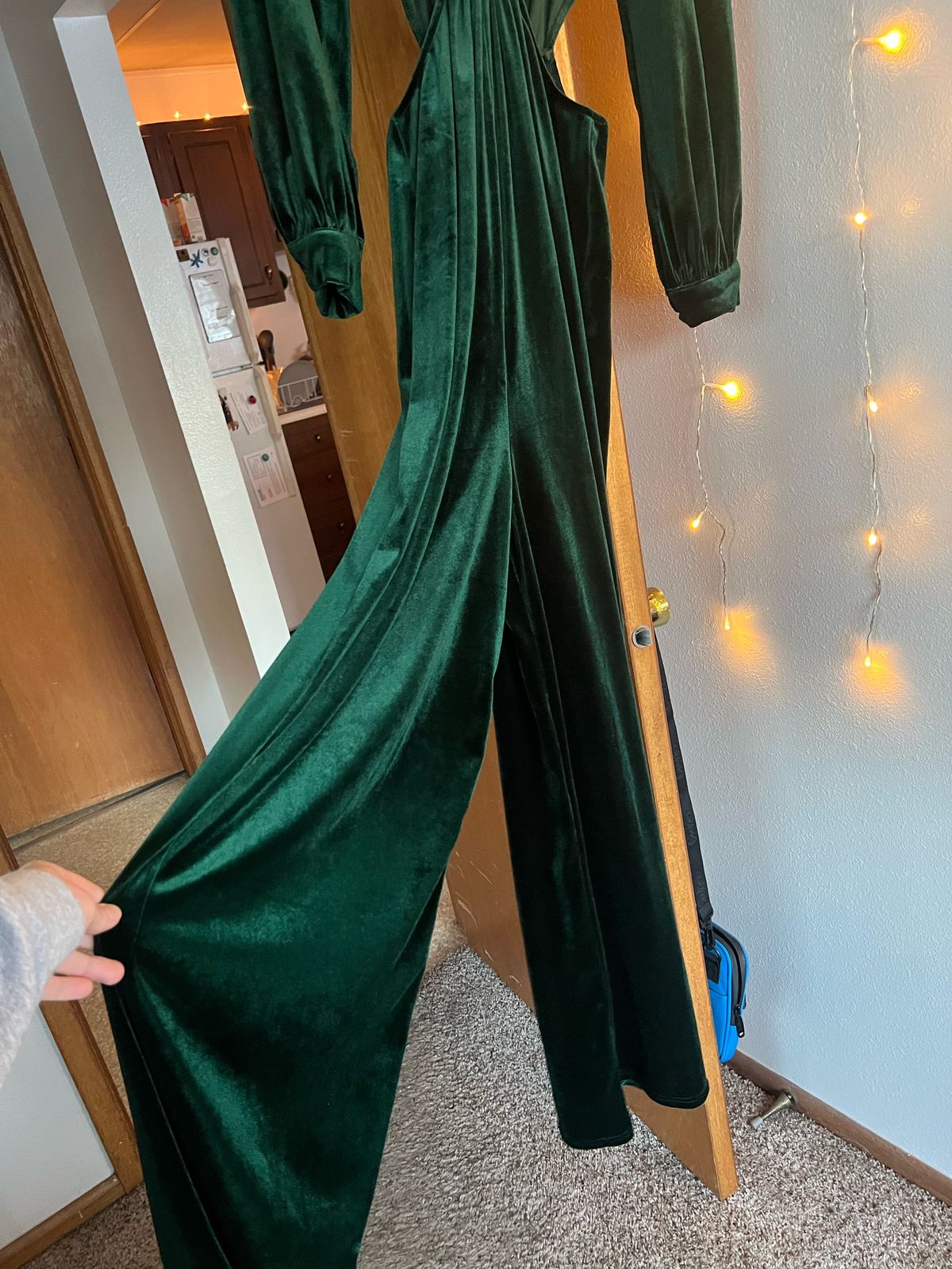 Size 4 Plunge Velvet Green Formal Jumpsuit on Queenly