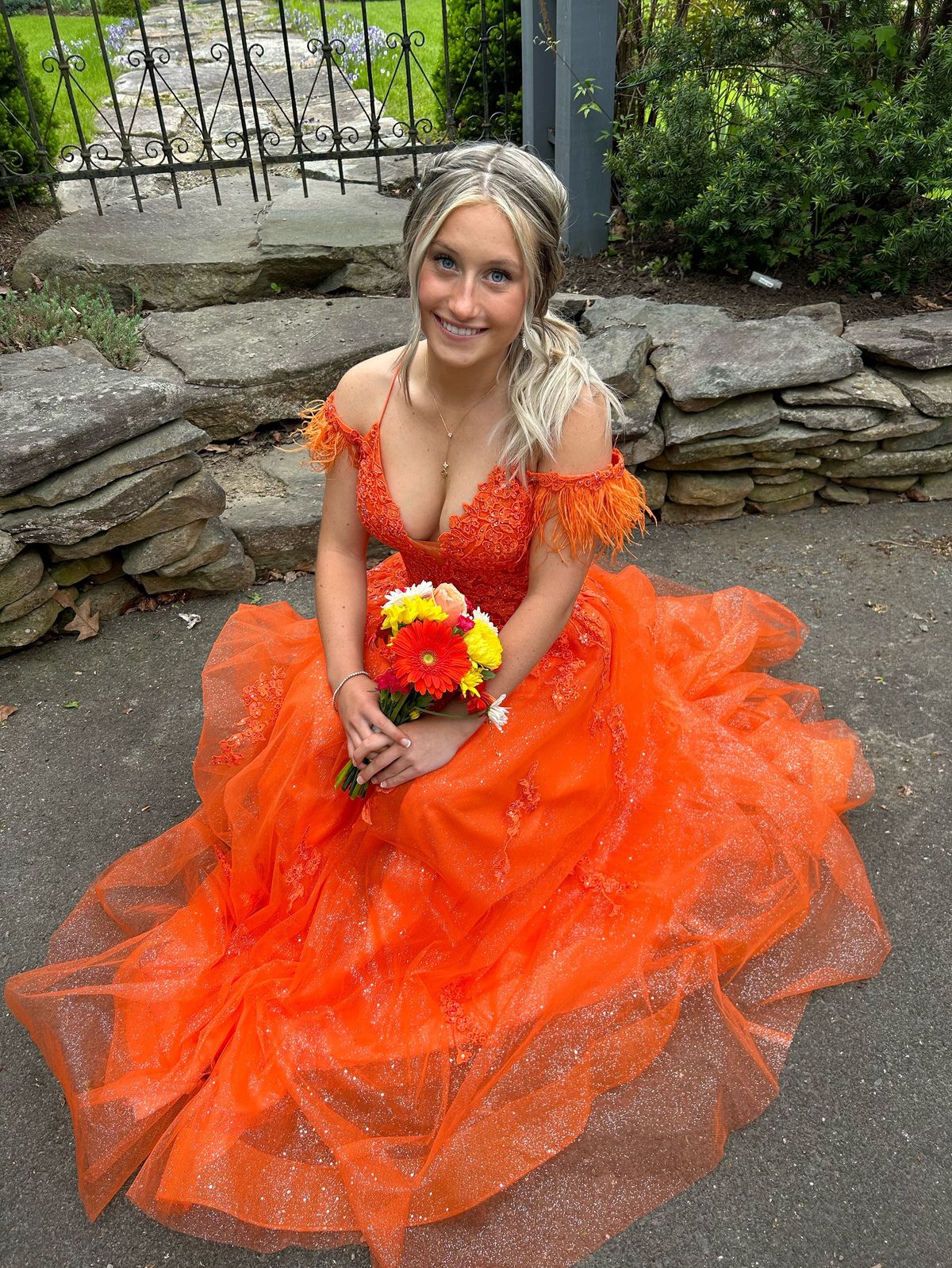 Ellie Wilde Size 4 Plunge Orange Ball Gown on Queenly