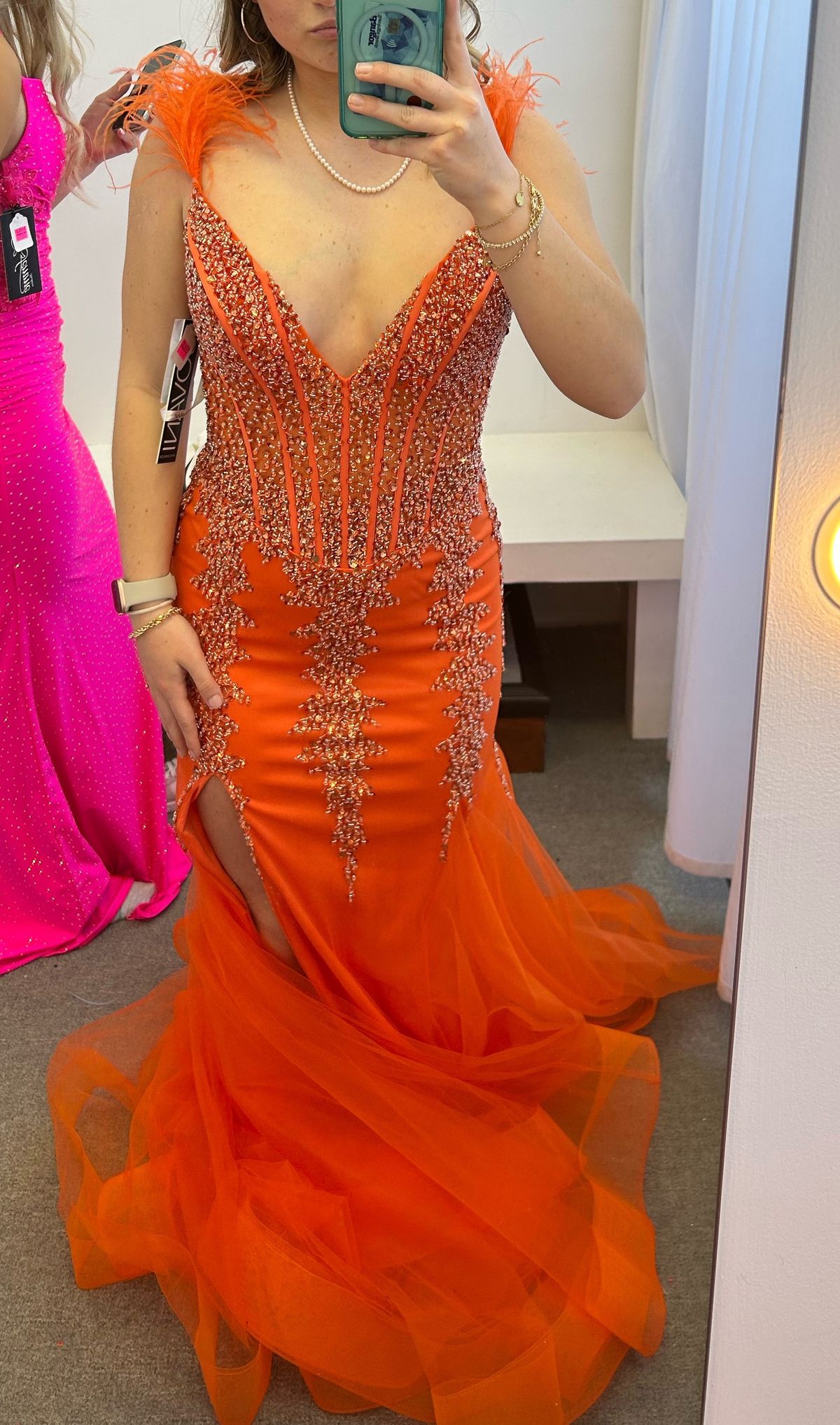 Jovani Size 4 Prom Plunge Orange Mermaid Dress on Queenly