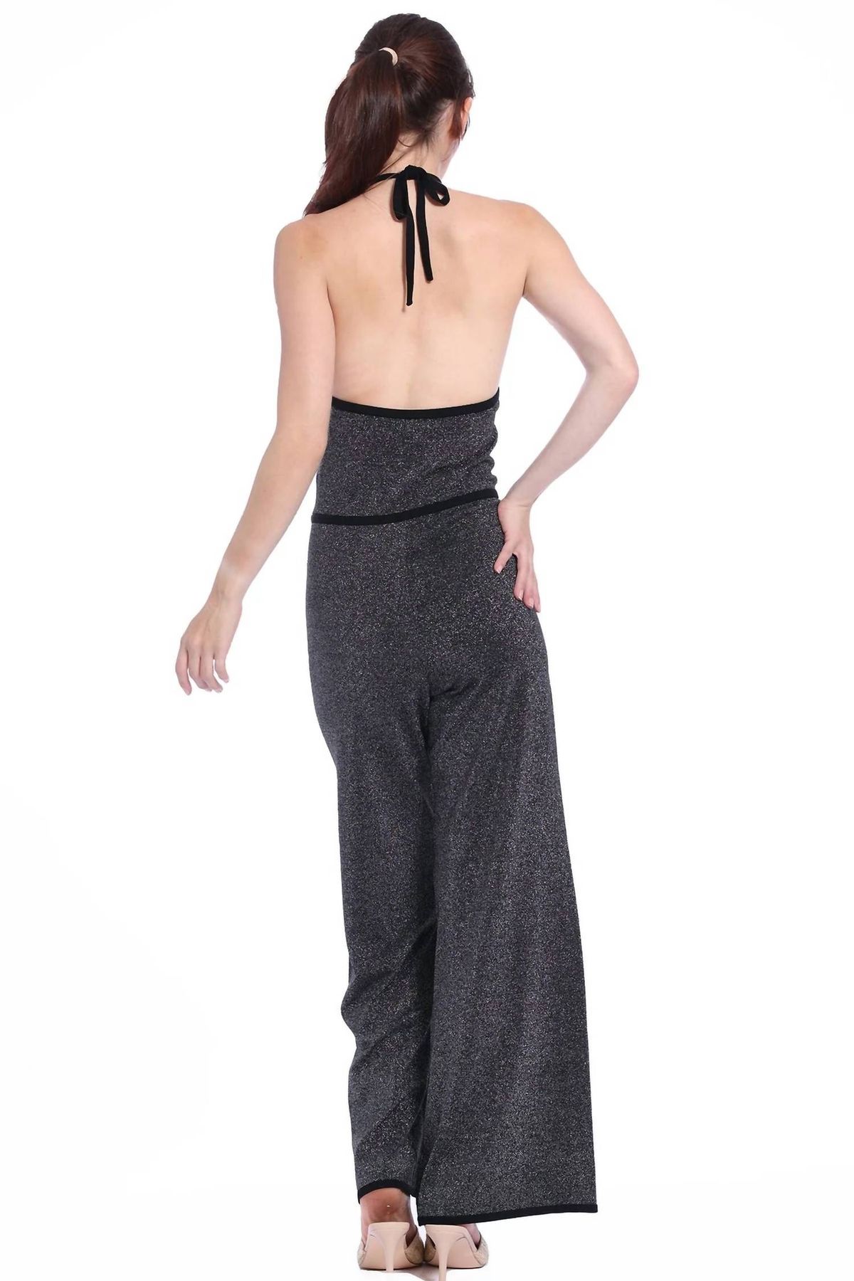 Style 1-1046877156-2901 Minnie Rose Size M Halter Sequined Black Formal Jumpsuit on Queenly