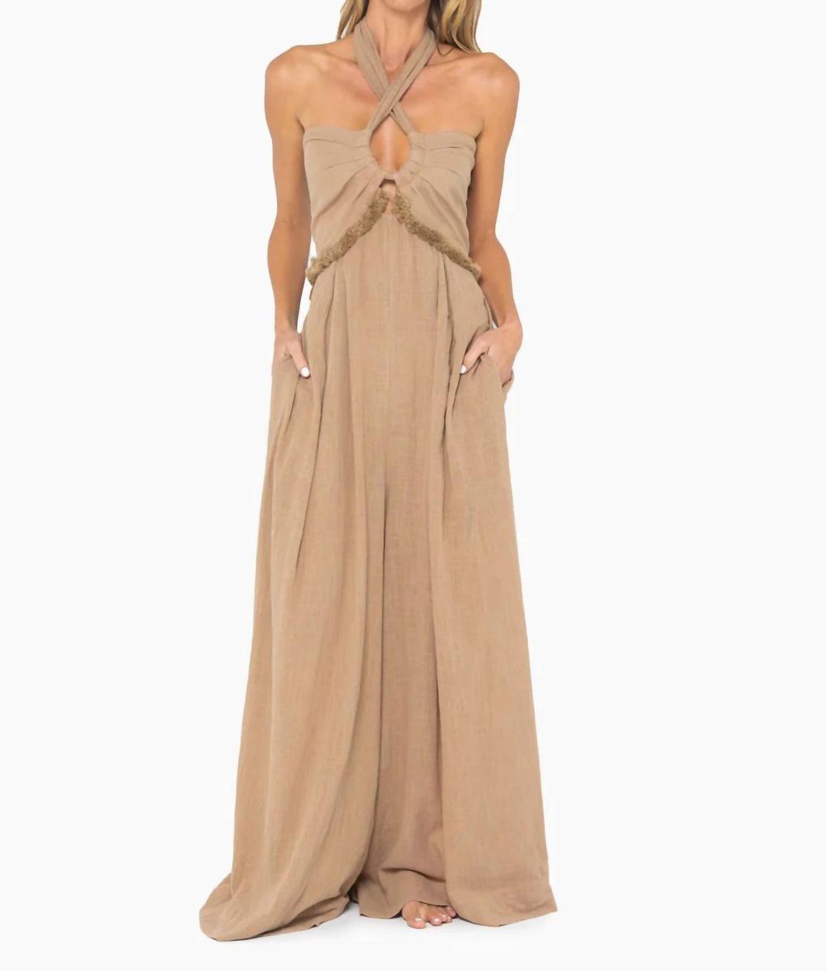 Style 1-3231920668-2901 JUST BEE QUEEN Size M Halter Nude Formal Jumpsuit on Queenly