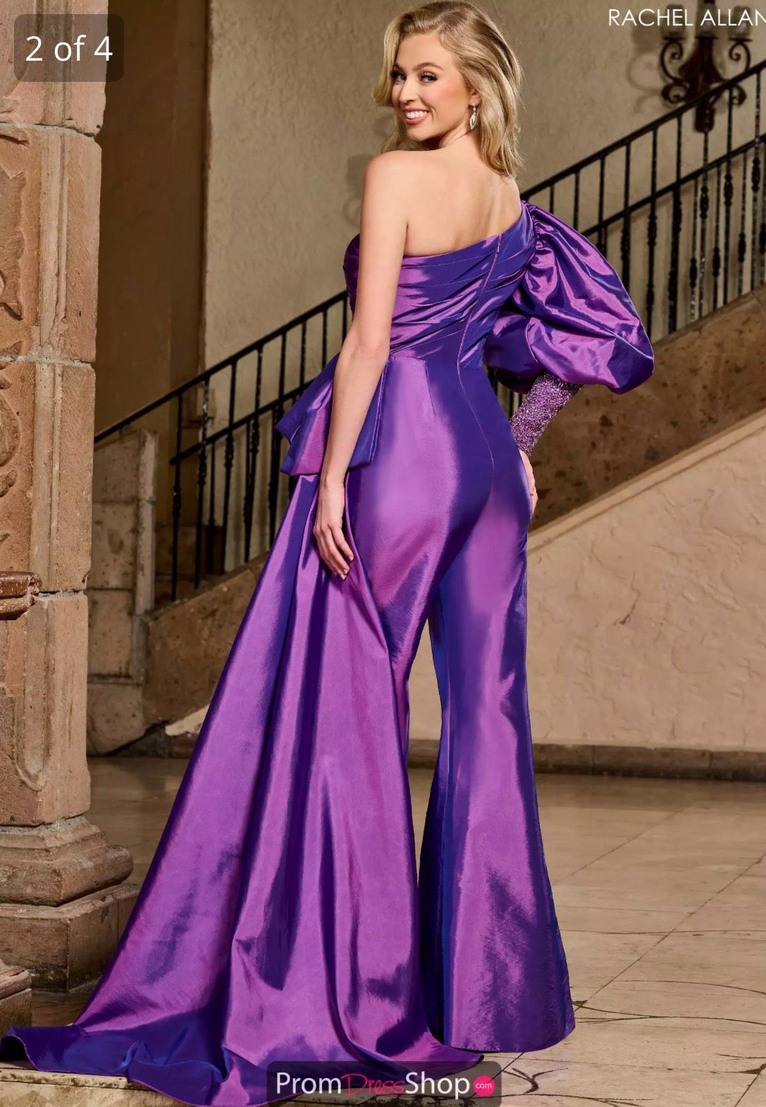 Style 50110 Rachel Allan Size 6 One Shoulder Purple Formal Jumpsuit on Queenly
