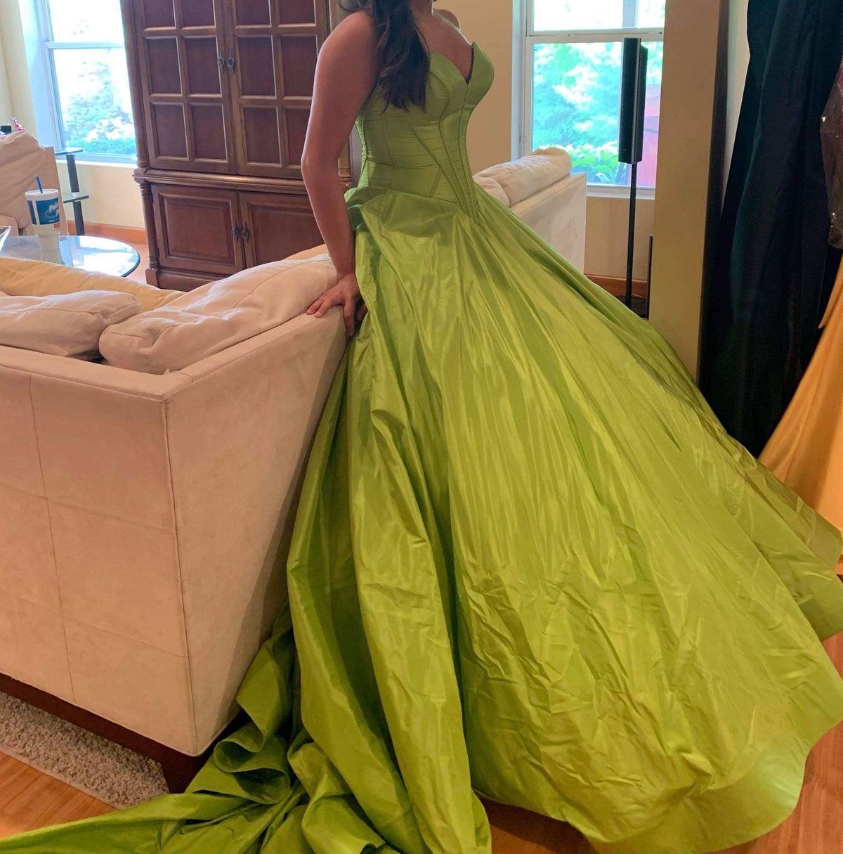 Sherri Hill Size 6 Strapless Satin Green Ball Gown on Queenly