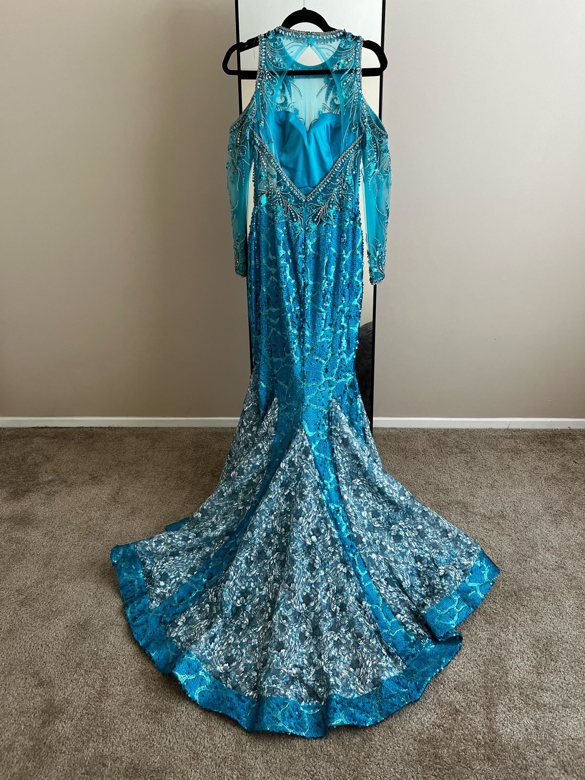 Style 18147 Envious Couture Size 8 Prom Long Sleeve Turquoise Blue Mermaid Dress on Queenly