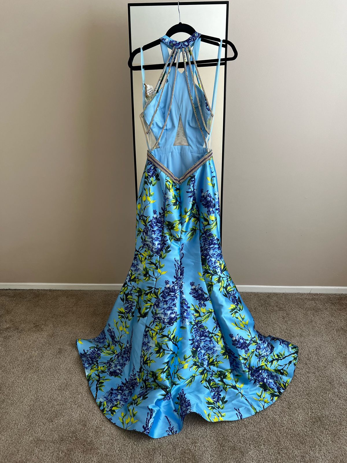 Style 3050RX Val Stefani Size 8 Prom Halter Floral Blue Mermaid Dress on Queenly