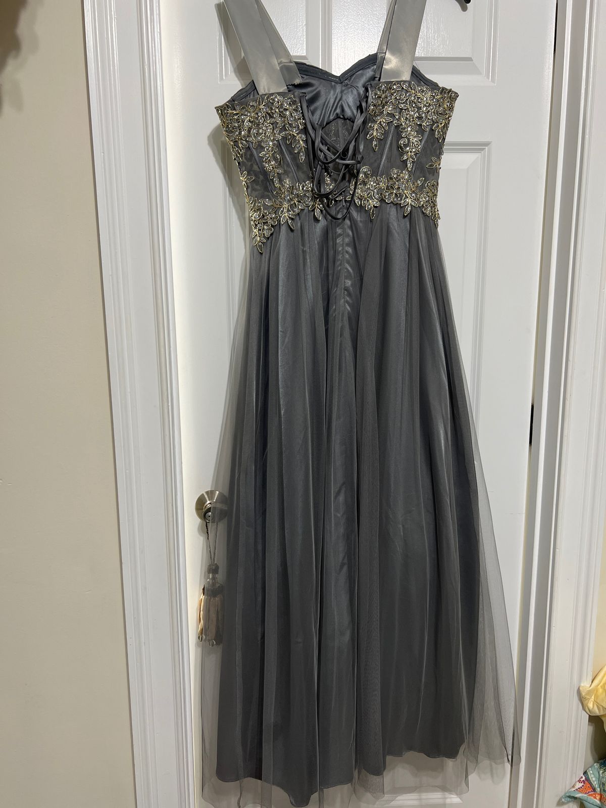 BANites Size 12 Prom Plunge Silver Floor Length Maxi on Queenly