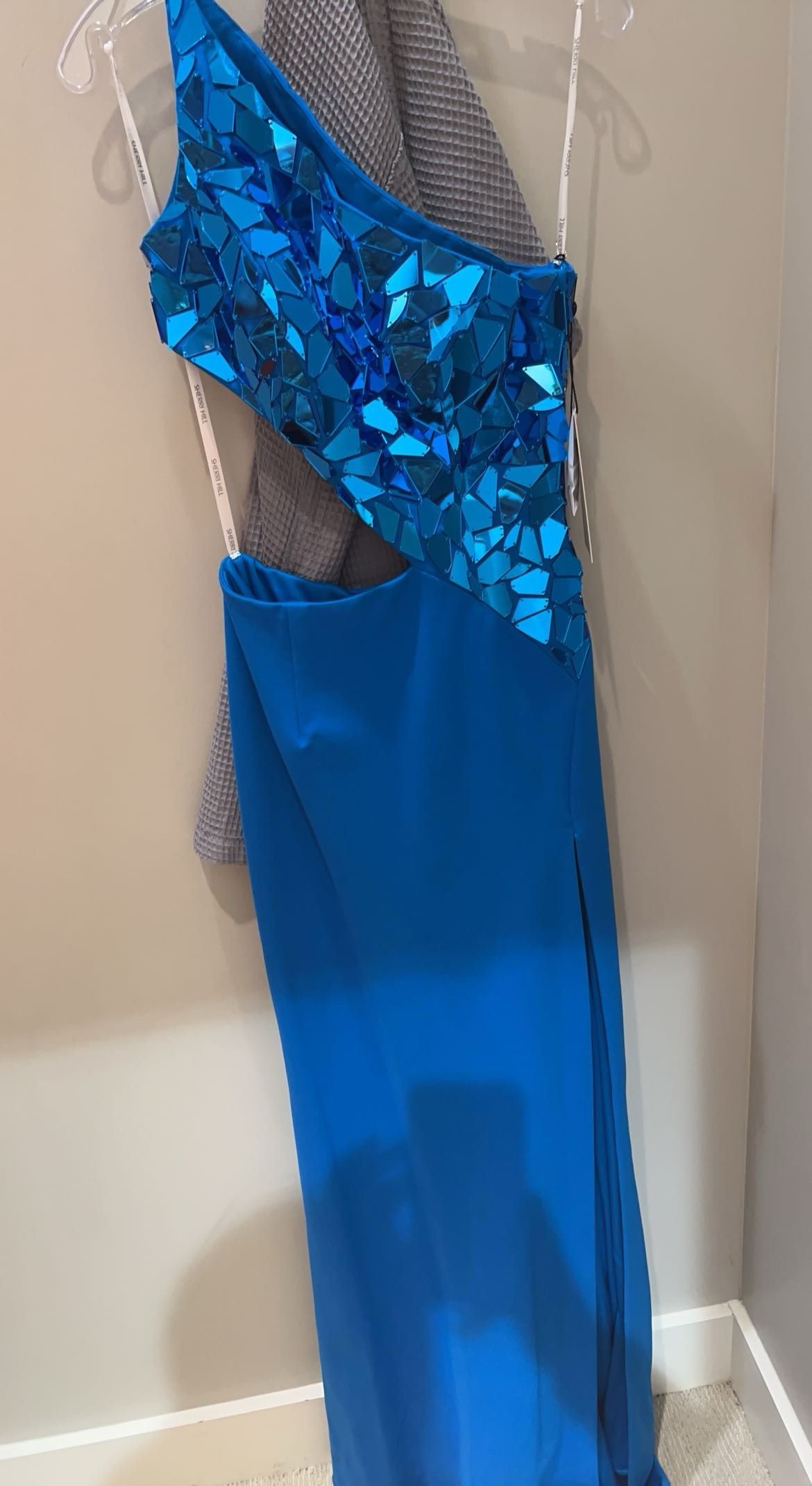 Style 54948 Sherri Hill Size 6 Prom One Shoulder Blue Side Slit Dress on Queenly