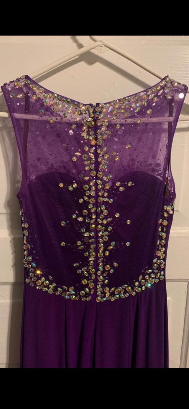 Camille La Vie Size 0 Prom Cap Sleeve Sheer Purple Side Slit Dress on Queenly