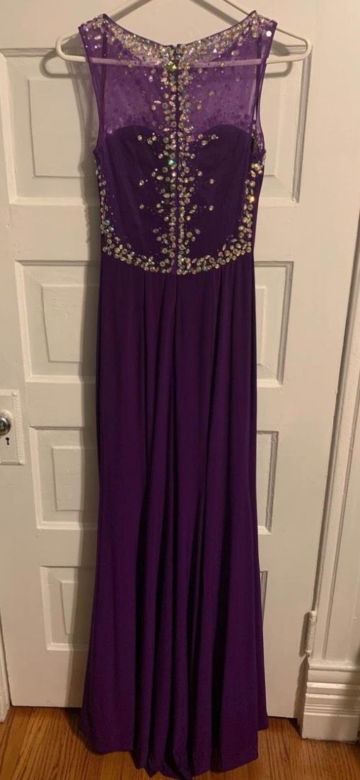 Camille La Vie Size 0 Prom Cap Sleeve Sheer Purple Side Slit Dress on Queenly