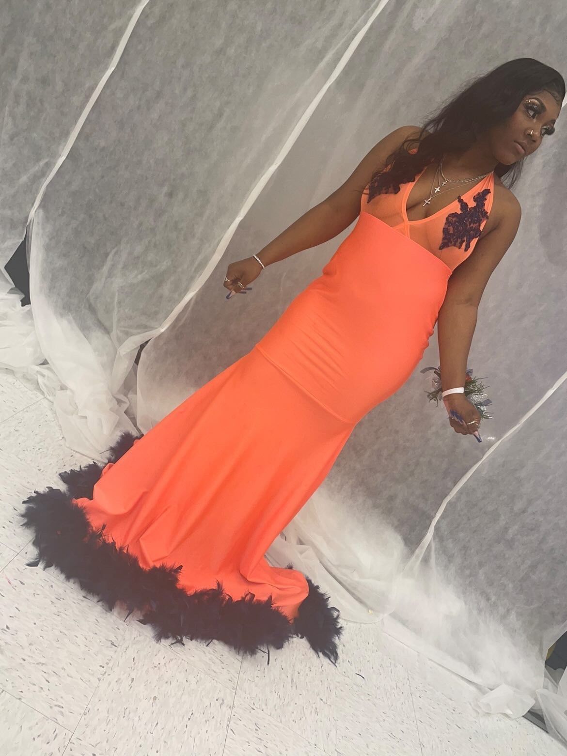 Plus Size 16 Prom Plunge Lace Orange Floor Length Maxi on Queenly