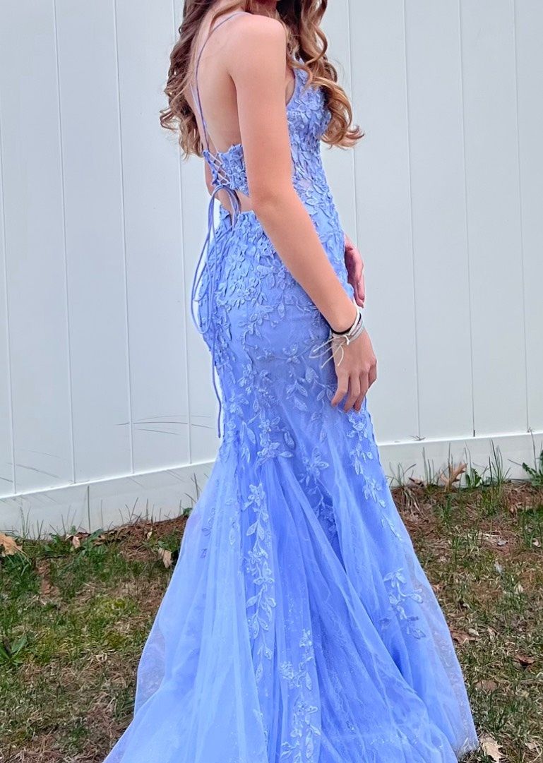 gliterati Size 2 Prom Plunge Lace Light Blue Mermaid Dress on Queenly