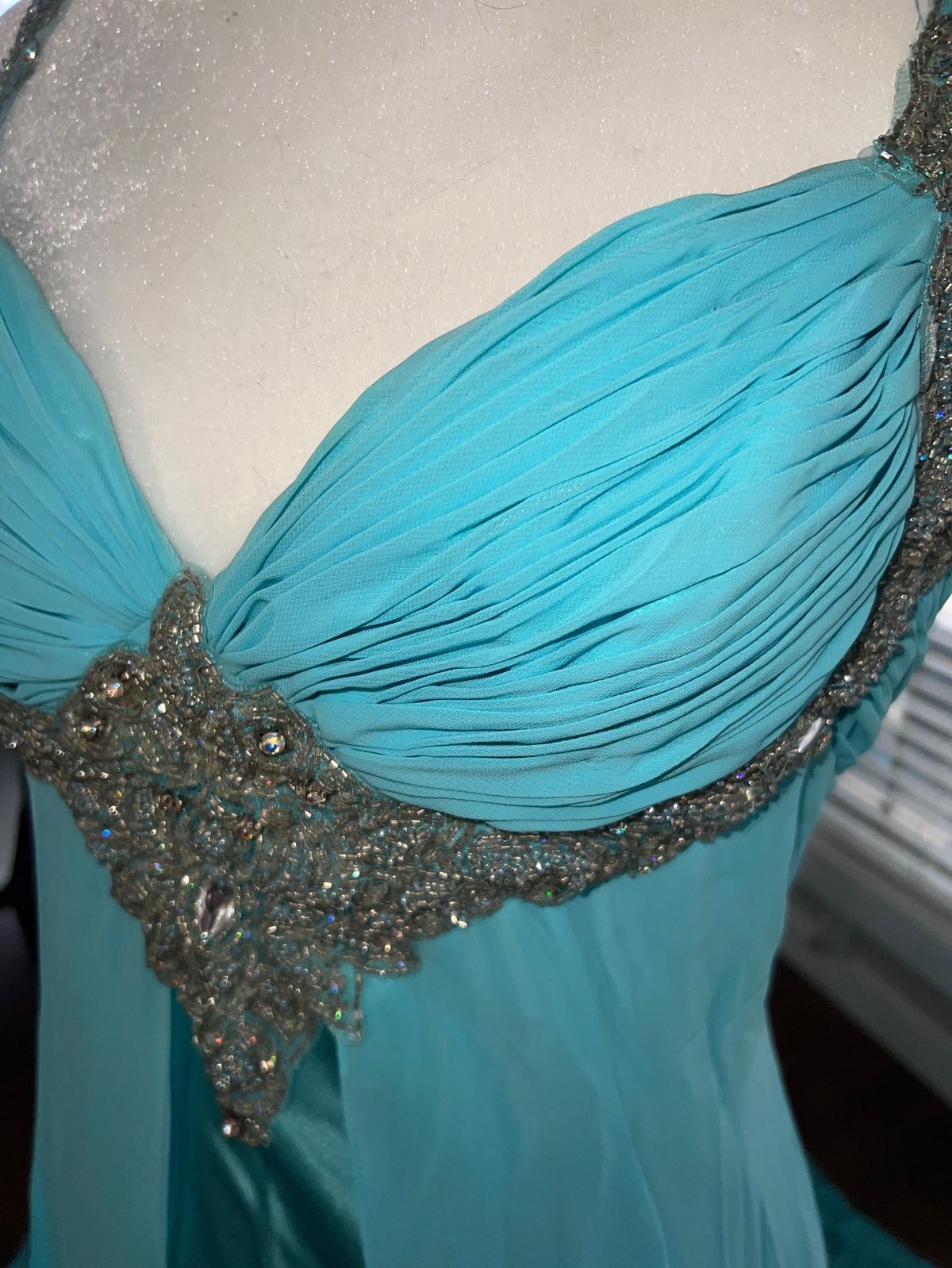 Size 12 Prom Plunge Sequined Blue Dress With Train on Queenly