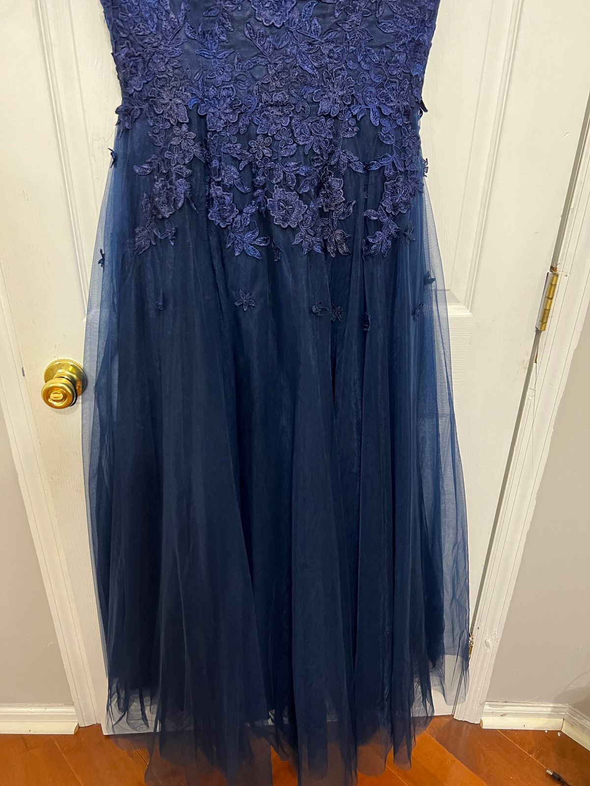 Size 4 Bridesmaid Plunge Lace Navy Blue Floor Length Maxi on Queenly