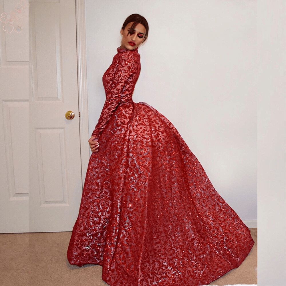 Style 1702 Portia and Scarlett Size 4 Prom Long Sleeve Red Dress With Train on Queenly