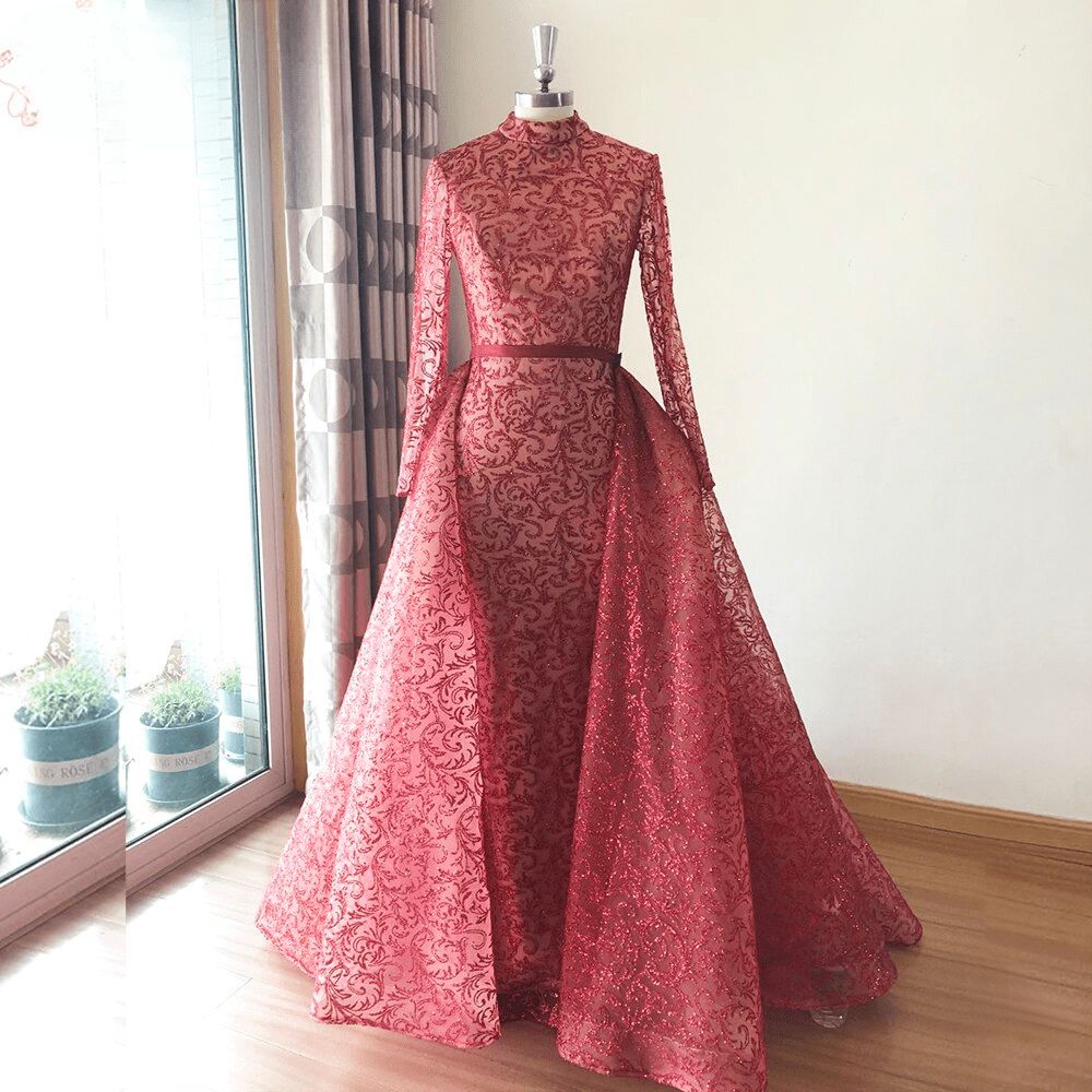 Style 1702 Portia and Scarlett Size 4 Prom Long Sleeve Red Dress With Train on Queenly