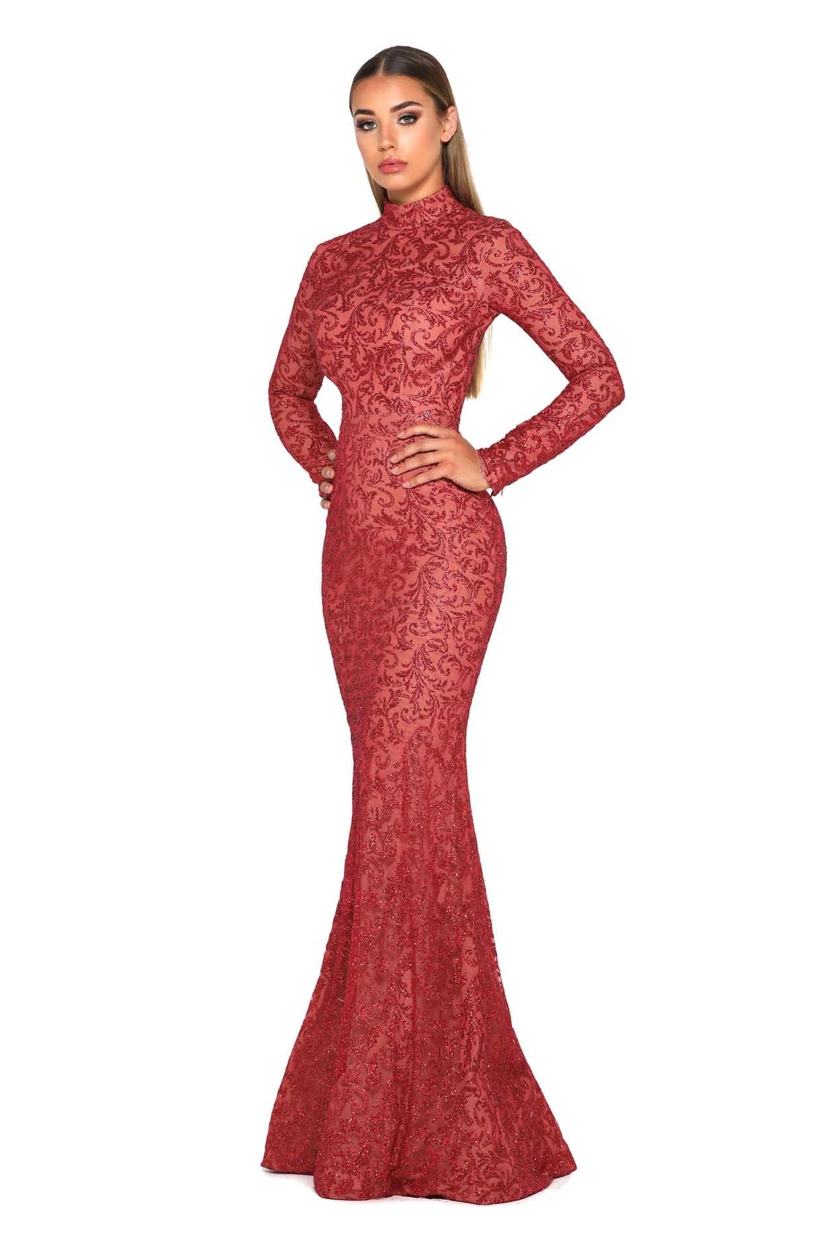 Style 1702 Portia and Scarlett Size 2 Prom Long Sleeve Red Dress With Train on Queenly