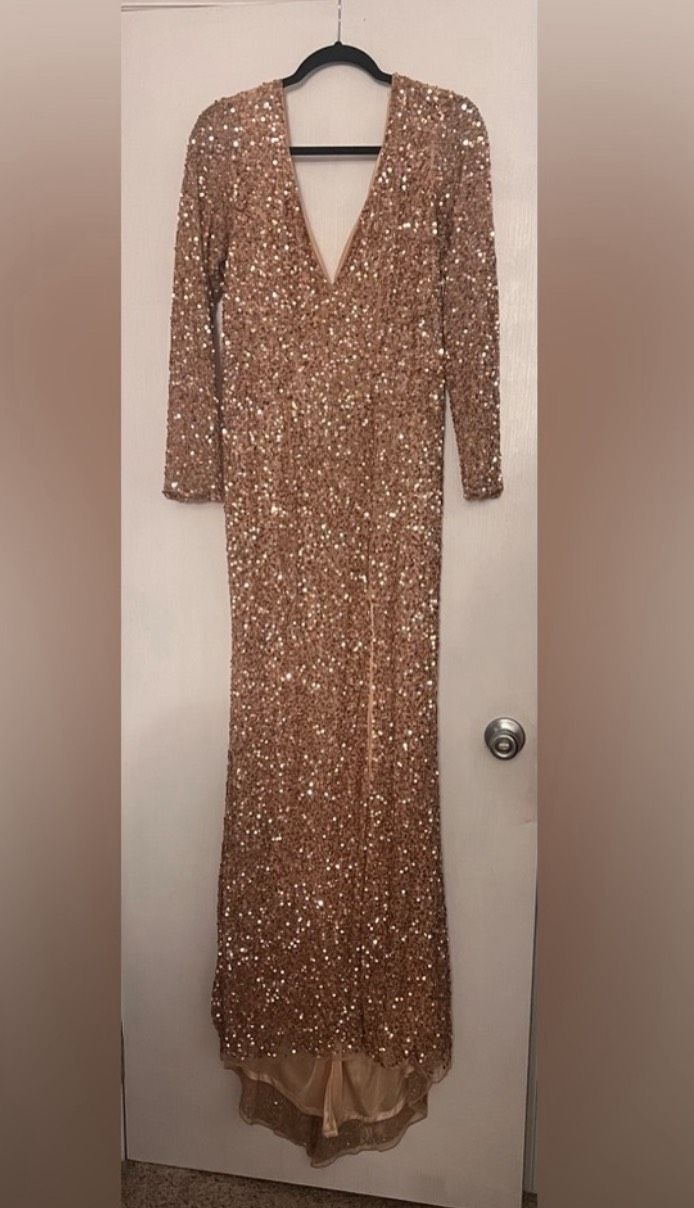 Mac Duggal Size XL Prom Long Sleeve Gold A-line Dress on Queenly