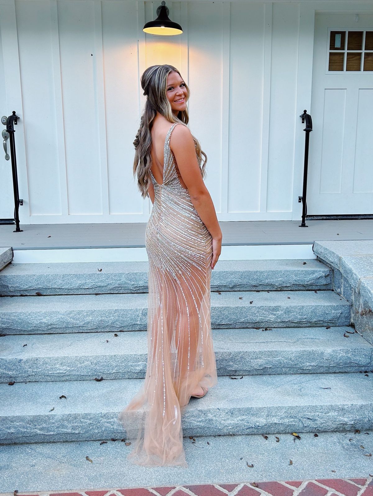 Jovani Size 4 Prom Plunge Sequined Gold Side Slit Dress on Queenly