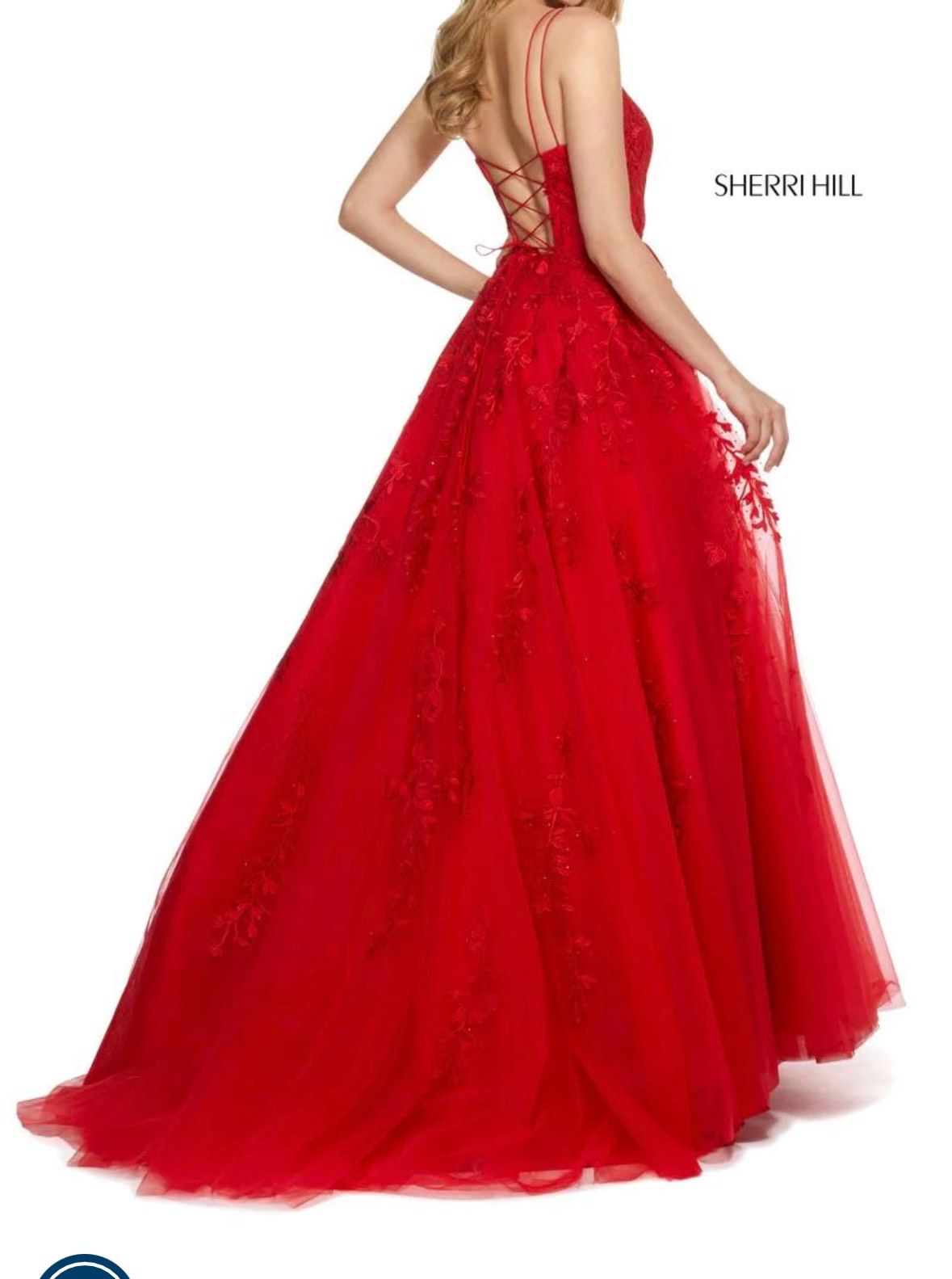 Style 53116 Sherri Hill Size 10 Prom Plunge Lace Red Ball Gown on Queenly